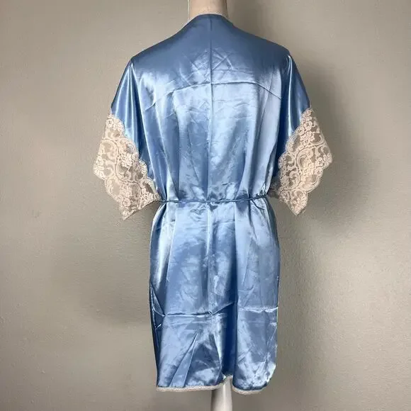 Vintage Wendy Ann Blue Satin Lace Trim Robe Kimono Wrap Dress Loungewear Large - Picture 6 of 8